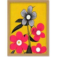 Artery8 Bold Flowers Linocut Pink & Mustard Yellow Print Artwork Framed Wall Art Print A4 in Light Oak