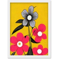 Artery8 Bold Flowers Linocut Pink & Mustard Yellow Print Artwork Framed Wall Art Print A4 in White