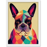 Artery8 Vibrant Colourful Geometric French Bulldog Portrait Design Artwork Framed Wall Art Print A4 in White