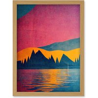 Artery8 Sunset at Lakeside Modern Colourful Pop Art Design Artwork Framed Wall Art Print A4 in Light Oak