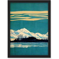 Artery8 Winter Lakeside Landscape With Snowy Mountains Duotone Teal Artwork Framed Wall Art Print A4 in Black