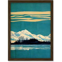 Artery8 Winter Lakeside Landscape With Snowy Mountains Duotone Teal Artwork Framed Wall Art Print A4 in Brown