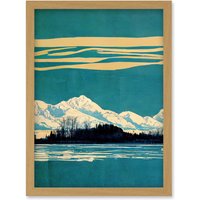 Artery8 Winter Lakeside Landscape With Snowy Mountains Duotone Teal Artwork Framed Wall Art Print A4 in Light Oak