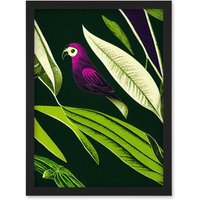 Artery8 Pink Parrot & Tropical Plant Leaves Vintage Linocut Pattern Detail Artwork Framed Wall Art Print A4 in Black