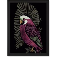 Artery8 Tropical Bird Jungle Deep Green Linocut Retro Vintage Artwork Framed Wall Art Print A4 in Black