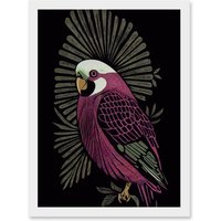 Artery8 Tropical Bird Jungle Deep Green Linocut Retro Vintage Artwork Framed Wall Art Print A4 in White