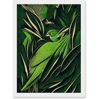 Artery8 Green Modern Vintage Retro Abstract Jungle Tropical Leaves Parrots Illustration Artwork Framed Wall Art Print A4 in White
