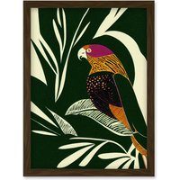Artery8 Green Orange Pink Cream Modern Vintage Tropical Plant Leaves with Bird Artwork Framed Wall Art Print A4 in Brown