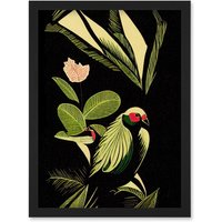 Artery8 Green Black Modern Vintage Tropical Plant Leaves with Bird Artwork Framed Wall Art Print A4