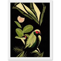 Artery8 Green Black Modern Vintage Tropical Plant Leaves with Bird Artwork Framed Wall Art Print A4 in White