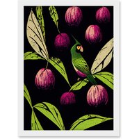Artery8 Parrot in Tree Fruit Bright Green & Purple Black Colour Linocut Illustration Modern Vintage Artwork Framed Wall Art Print A4 in White