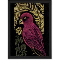 Artery8 Pink Parrot Bird Black Gold Tropical Plants Modern Vintage Linocut Illustration Artwork Framed Wall Art Print A4