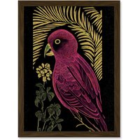 Artery8 Pink Parrot Bird Black Gold Tropical Plants Modern Vintage Linocut Illustration Artwork Framed Wall Art Print A4 in Brown