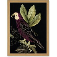 Artery8 Burgundy Parrot Leaves Tree Branch on Black Vintage Linocut Illustration Artwork Framed Wall Art Print A4 in Light Oak