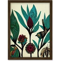 Artery8 Abstract Folk Art Leaves Flowers Birds Vintage Style Green Burgundy Cream Black Artwork Framed Wall Art Print A4 in Brown