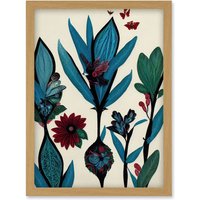 Artery8 Abstract Paper Quilling Floral Blooms Flowers Butterflies Blue Burgundy Green Cream Artwork Framed Wall Art Print A4 in Light Oak