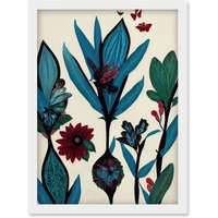 Artery8 Abstract Paper Quilling Floral Blooms Flowers Butterflies Blue Burgundy Green Cream Artwork Framed Wall Art Print A4 in White
