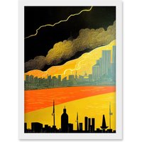 Artery8 Modern Black Yellow Orange Linocut London Skyline Cityscape Storm Lightning Artwork Framed Wall Art Print A4 in White
