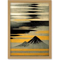 Artery8 Modern Simple Mount Fuji Painting in Silver Grey Black Gold Artwork Framed Wall Art Print A4 in Light Oak