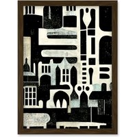 Artery8 Bold Monochrome Modern Vintage Abstract Geometric Black White Cream Grey Artwork Framed Wall Art Print A4 in Brown