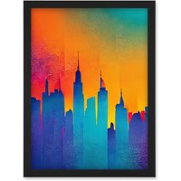 Artery8 Modern Abstract Warm Bright Colourful New York Sunset Skyline Artwork Framed Wall Art Print A4 in Black