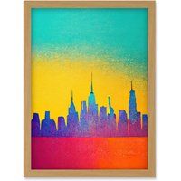 Artery8 Bright Colourful Abstract New York Skyline Cityscape Yellow Blue Coral Turquoise Artwork Framed Wall Art Print A4 in Light Oak
