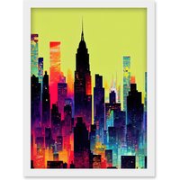 Artery8 New York Vibrant Multi Coloured Graphic Design Skyscraper Cityscape Silhouette Artwork Framed Wall Art Print A4 in White