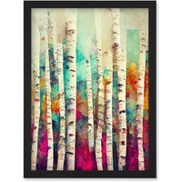 Artery8 Abstract Multi Coloured Birch Tree Forest Vibrant Colourful Oil Painting Artwork Framed Wall Art Print A4 in Black