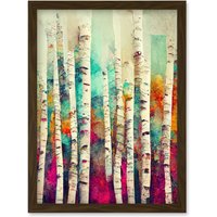 Artery8 Abstract Multi Coloured Birch Tree Forest Vibrant Colourful Oil Painting Artwork Framed Wall Art Print A4 in Brown