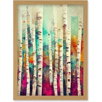 Artery8 Abstract Multi Coloured Birch Tree Forest Vibrant Colourful Oil Painting Artwork Framed Wall Art Print A4 in Light Oak