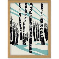 Artery8 Modern Birch Tree Forest in Winter Modern Stencil Design Monochrome & Teal Artwork Framed Wall Art Print A4 in Light Oak