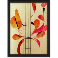 Artery8 Abstract Autumnal Boho Leaves & Musical Music Staff Lines Cream Pink Copper Yellow Artwork Framed Wall Art Print A4 in Black
