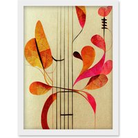 Artery8 Abstract Autumnal Boho Leaves & Musical Music Staff Lines Cream Pink Copper Yellow Artwork Framed Wall Art Print A4 in White