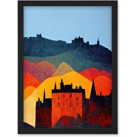 Artery8 Edinburgh in Autumn Scotland Scottish Modern Folk Art Multi Coloured Cityscape Artwork Framed Wall Art Print A4 in Black
