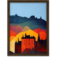 Artery8 Edinburgh in Autumn Scotland Scottish Modern Folk Art Multi Coloured Cityscape Artwork Framed Wall Art Print A4 in Brown