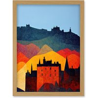 Artery8 Edinburgh in Autumn Scotland Scottish Modern Folk Art Multi Coloured Cityscape Artwork Framed Wall Art Print A4 in Light Oak