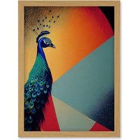 Artery8 Modern Peacock Portrait in Colourful Abstract Vibrant Orange Artwork Framed Wall Art Print A4 in Light Oak