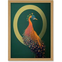 Artery8 Glamorous Stylish Chic Modern Peacock Illustration Green Gold Orange Artwork Framed Wall Art Print A4 in Light Oak