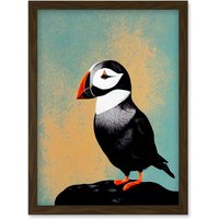Artery8 Cute Puffin Bird on Rock Modern Print Illustration Artwork Framed Wall Art Print A4 in Brown
