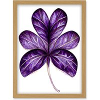 Artery8 Purple on White Six Clover Modern Simple Leaf Illustration Artwork Framed Wall Art Print A4 in Light Oak