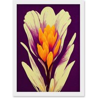 Artery8 Vibrant Saffron Crocus Flower Abstract in Violet Orange Cream Artwork Framed Wall Art Print A4 in White