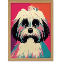 Artery8 Modern Cute Shih Tzu Dog Vibrant Bright Portrait in Pink Blue Orange Cream Artwork Framed Wall Art Print A4 in Light Oak