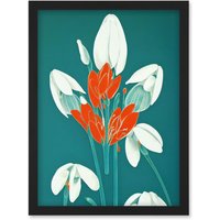 Artery8 Abstract Snowdrops Red Flowers on Teal Retro Mid Century Style Artwork Framed Wall Art Print A4 in Black