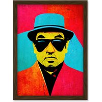 Artery8 Pop Art Bright Jazz Musician Pork Pie Hat Sunglasses Red Turquoise Yellow Artwork Framed Wall Art Print A4 in Brown
