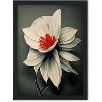 Artery8 Realistic Greyscale Macro Flower Floral Bloom with Orange Red Stamen Artwork Framed Wall Art Print A4 in Black