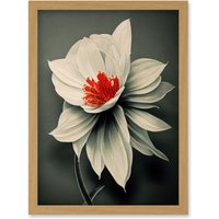 Artery8 Realistic Greyscale Macro Flower Floral Bloom with Orange Red Stamen Artwork Framed Wall Art Print A4 in Light Oak