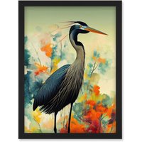 Artery8 Heron Bird in Abstract Flower Field Colourful Teal Orange Navy Illustration Artwork Framed Wall Art Print A4 in Black