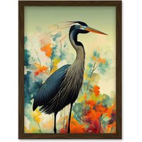 Artery8 Heron Bird in Abstract Flower Field Colourful Teal Orange Navy Illustration Artwork Framed Wall Art Print A4 in Brown