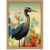 Artery8 Heron Bird in Abstract Flower Field Colourful Teal Orange Navy Illustration Artwork Framed Wall Art Print A4 in Light Oak