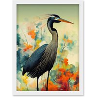 Artery8 Heron Bird in Abstract Flower Field Colourful Teal Orange Navy Illustration Artwork Framed Wall Art Print A4 in White
